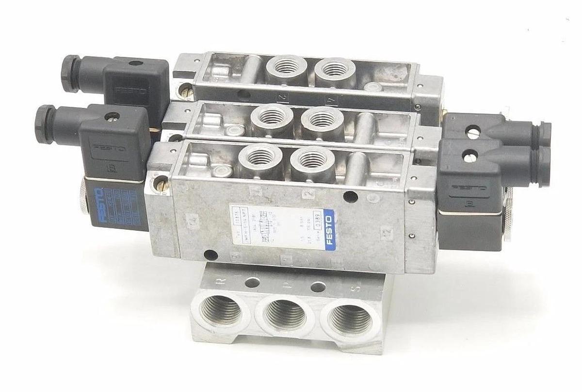 Used FESTO SOLENOID BLOCK VALVE ASSEMBLY JMFH-5-1/4-NPT, 10876, 0389 W/MSFW-110 COILS