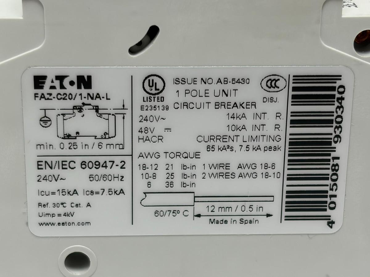 Used Eaton FAZ-C20/1-NA-L Miniature Circuit Breaker MCB 1 Pole 20A C Curve 240V New