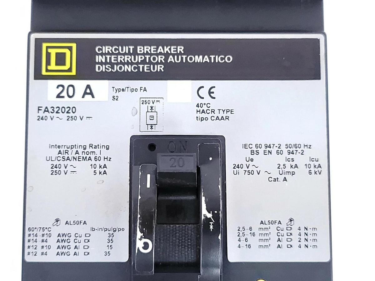 NIB SQUARE D FA32020 CIRCUIT BREAKER 20A, 3P, 240~250V 50/60HZ (DAMAGED)