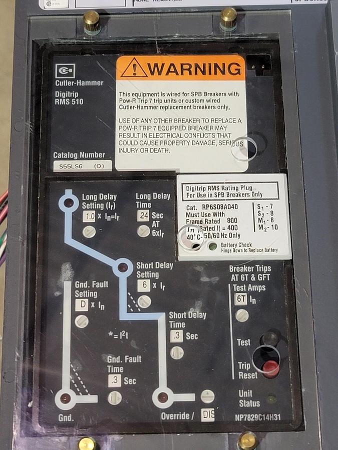 Used NEW CUTLER HAMMER SPB 50 CIRCUIT BREAKER SPBSR38R 800A DIGITRIP RMS 510 S55LSG