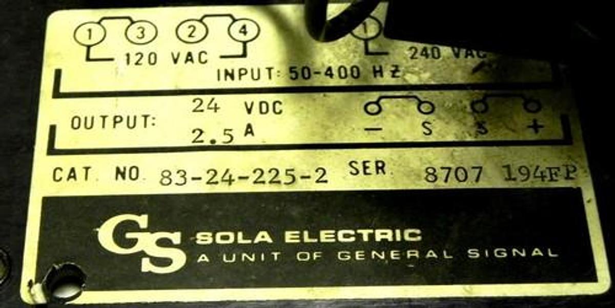 Used SOLA 83-24-225-2 POWER SUPPLY 24VDC 2.5AMP 83242252