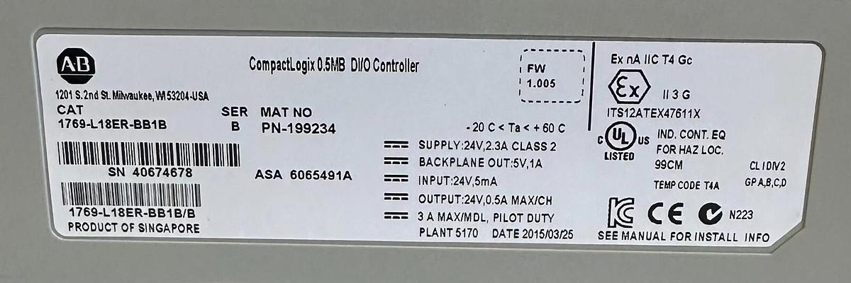 Used Pre-Owned Allen Bradley 1769-L18ER-BB1B /B CompactLogix 5370 L1 Controller