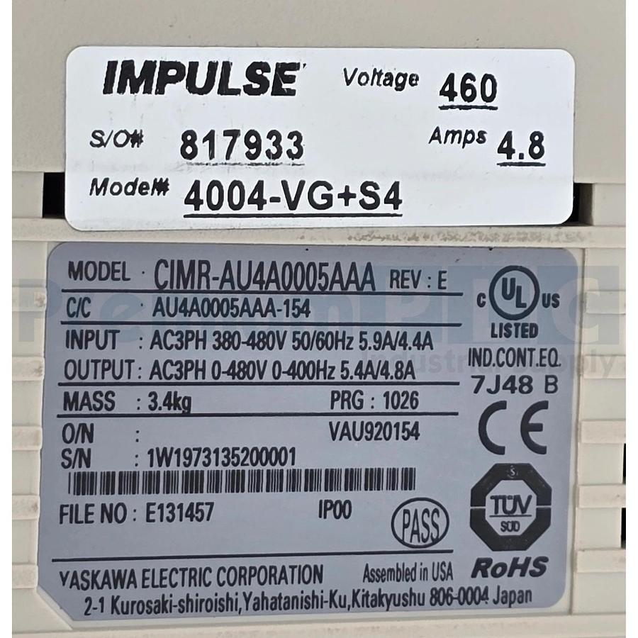 MAGNETEK YASKAWA 4004-VG+S4 IMPULSE VG+ SERIES 4 VFD 460V 3HP CIMR-AU4A0005AAA