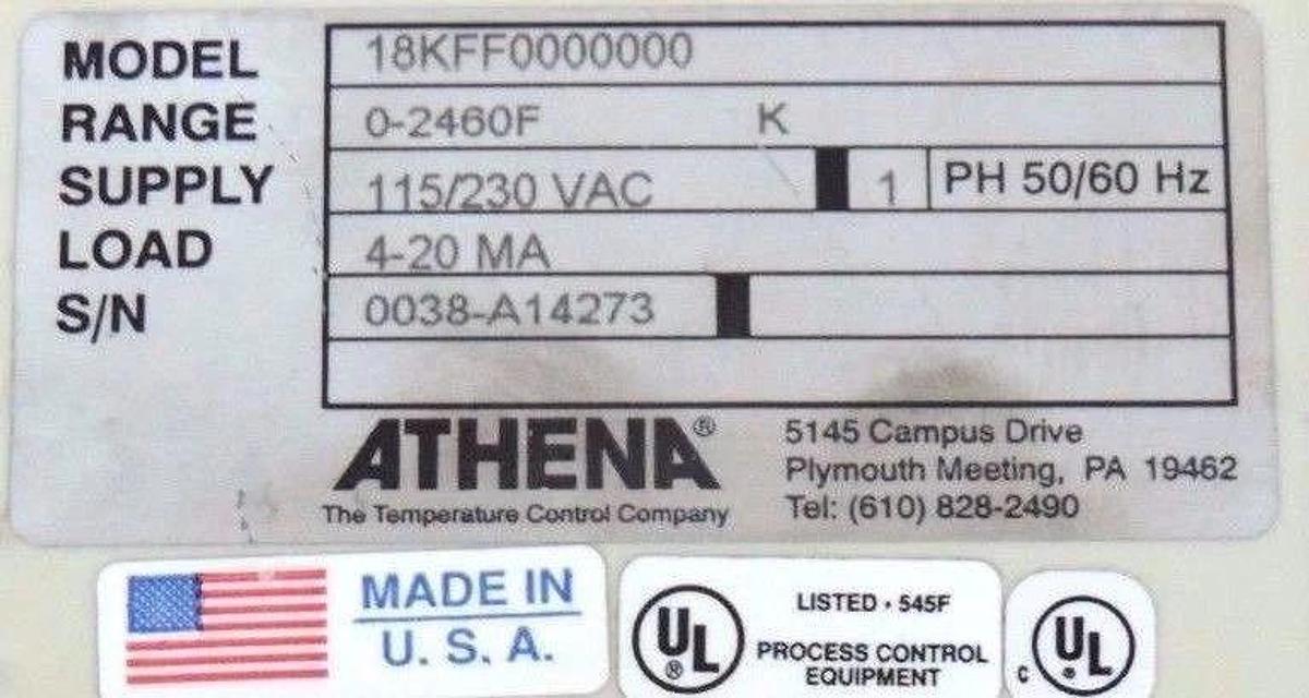Used ATHENA 18KFF0000000 TEMPERATURE CONTROLLER RANGE 0-2460F 115/230VAC