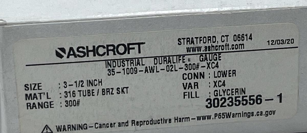 Used Ashcroft 35-1009-AWL-02L-300#-XC4 Duralife Pressure Gauge 3.5" 0-300 PSI Liquid