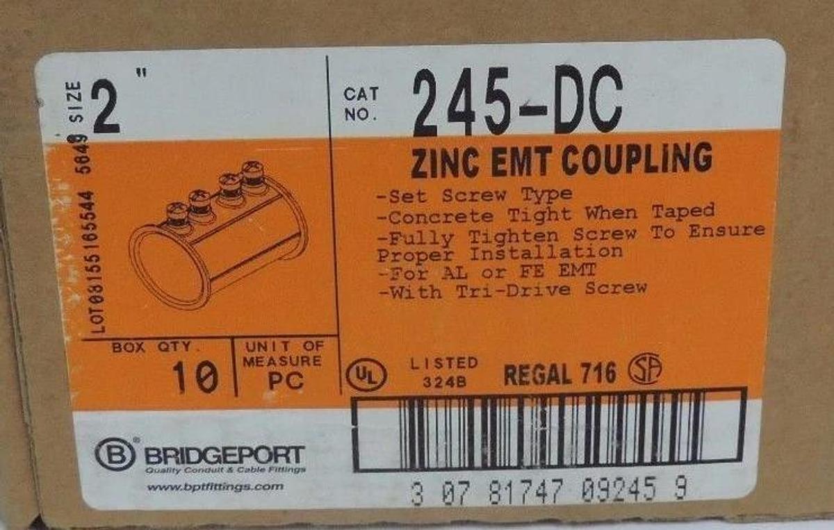 Used BOX OF 10 NEW BRIDGEPORT 245-DC 2" ZINC EMT COUPLINGS 245DC