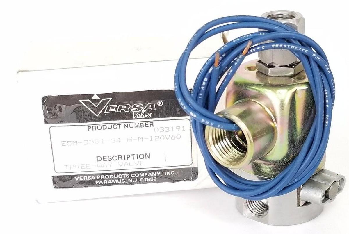 Used NIB VERSA VALVES ESM-3301-34-H-M-120V60 3-WAY SOLENOID VALVE ESM330134HM120V60
