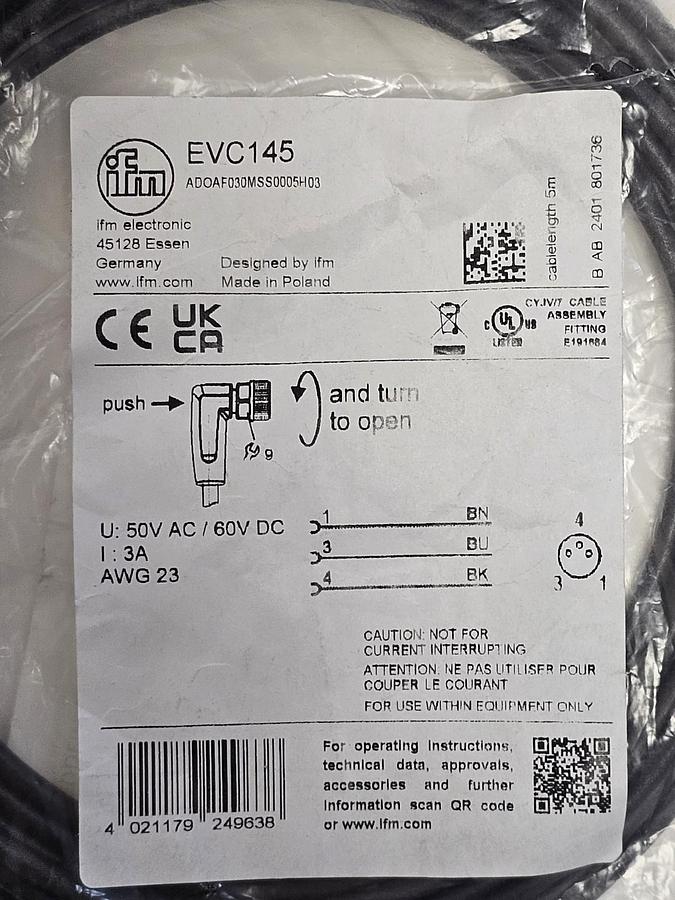 Used LOT OF 2 NEW IFM ADOAF030MSS0005H03 FEMALE CORDSETS 5 M PUR-CABLE EVC145
