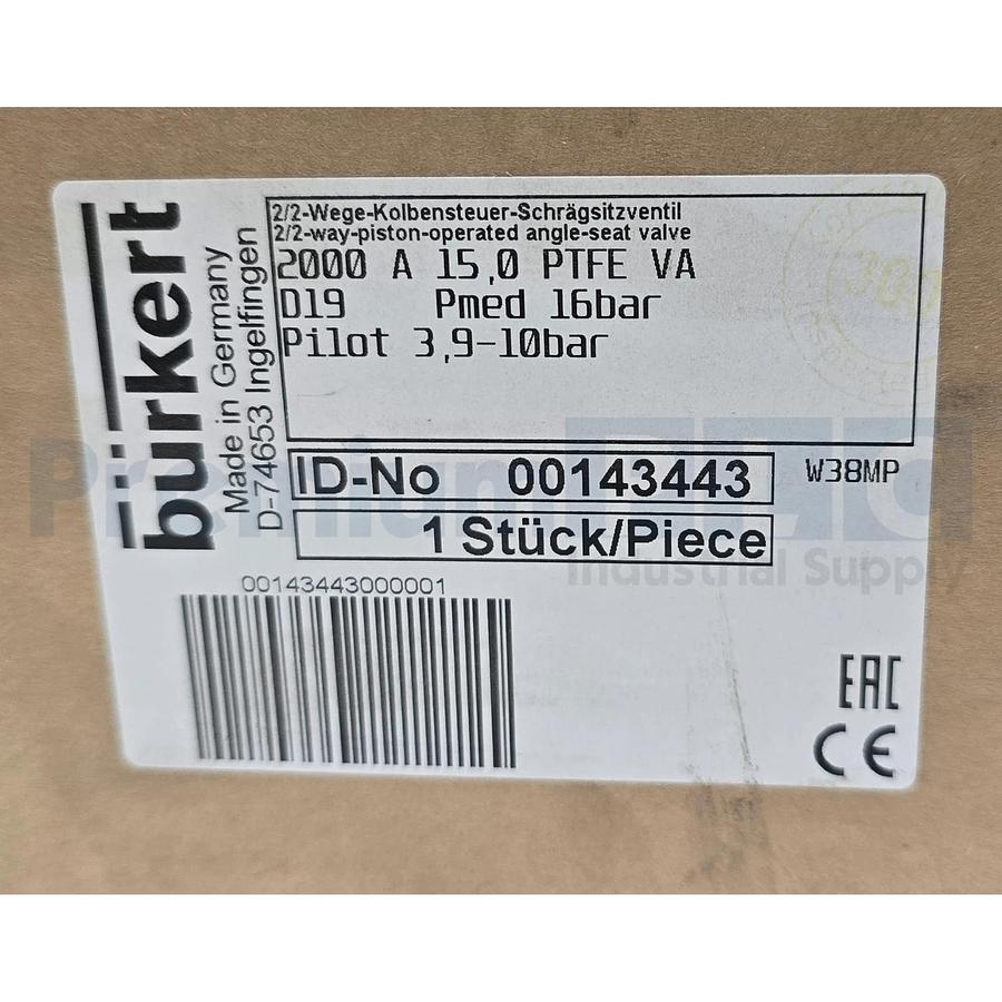 BURKERT 00143443 / 143443 TYPE 2000 2/2-WAY PISTON OPERATED ANGLE SEAT VALVE NEW
