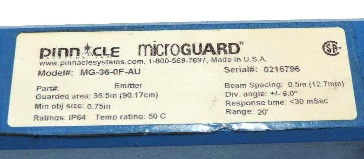 Used SET OF PINNACLE MICRO GUARD MG-36-0F-AU LIGHT CURTAINS EMMITTER / RECEIVER