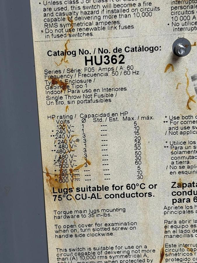Used Square D HU362 Safety Switch 60A 600VAC 600VDC 3 Pole Non-Fusible Disconnect