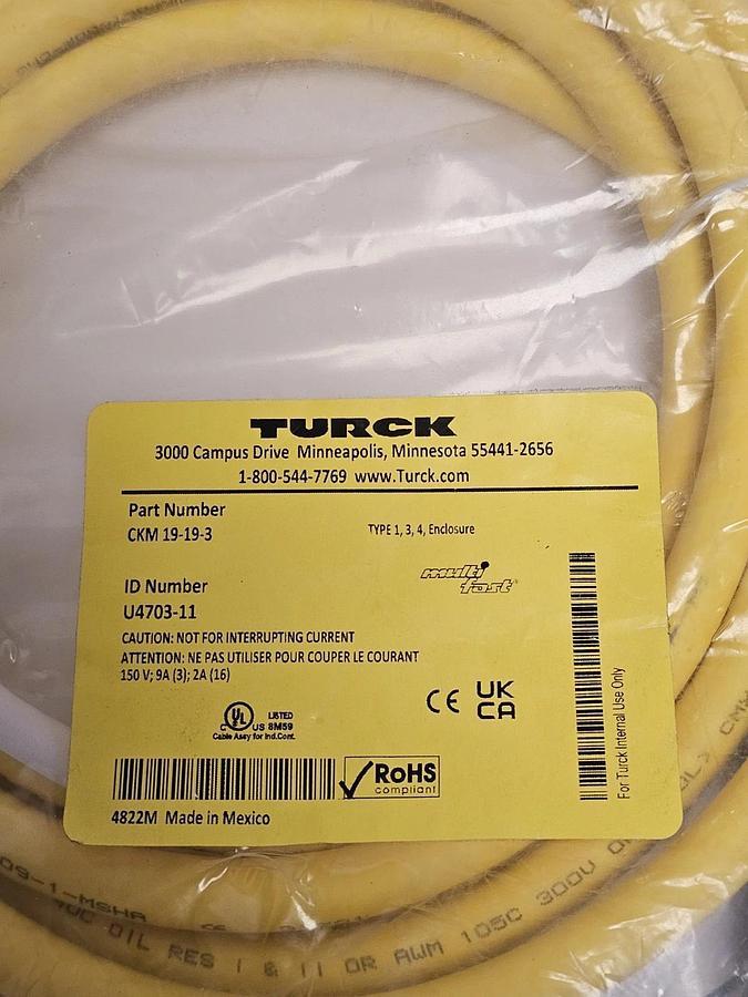 Used NEW TURCK CKM 19-19-3 CORDSET SINGLE ENDED ID NUMBER U4703-11 LENGTH 3M