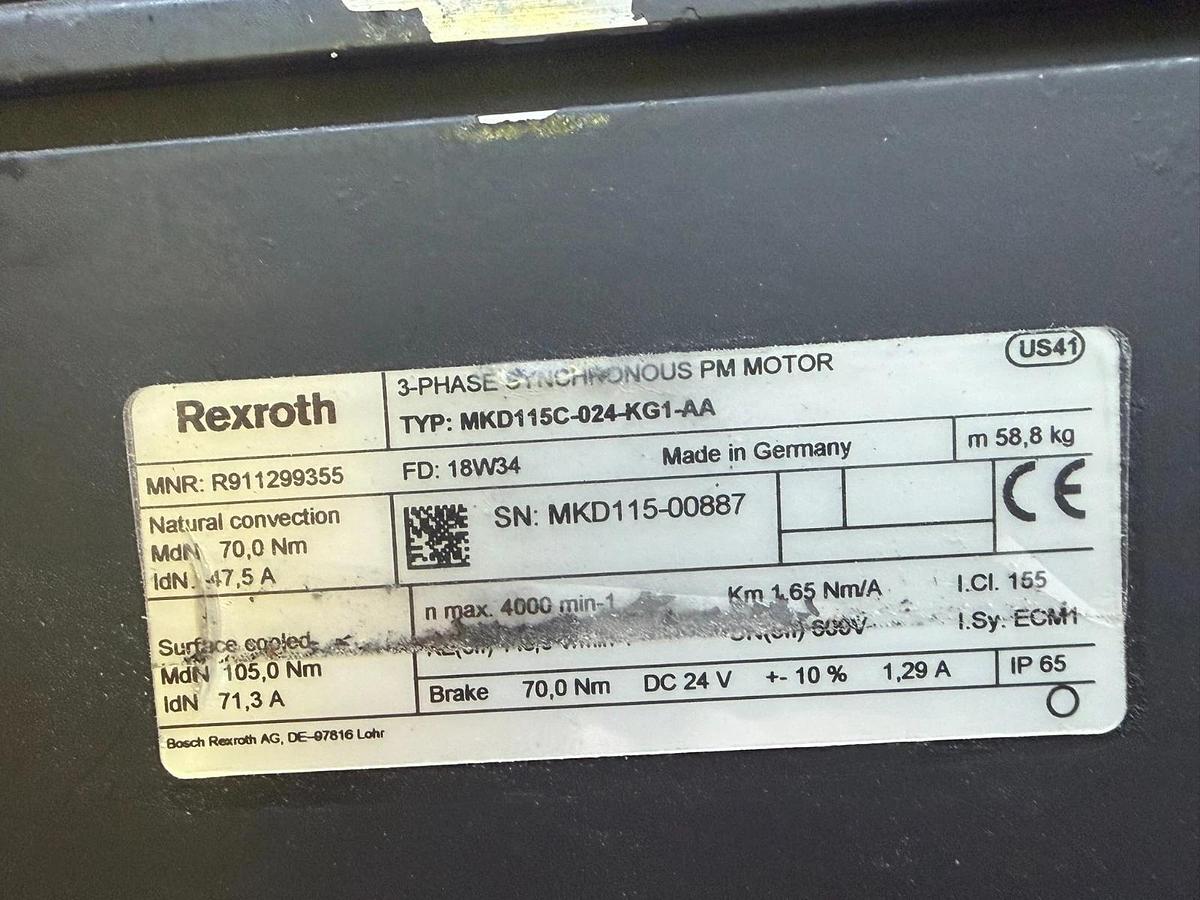 Refurbished Bosch Rexroth Indramat MKD115C-024-KG1-AA AC Servo Motor R911299355 w/Brake REP
