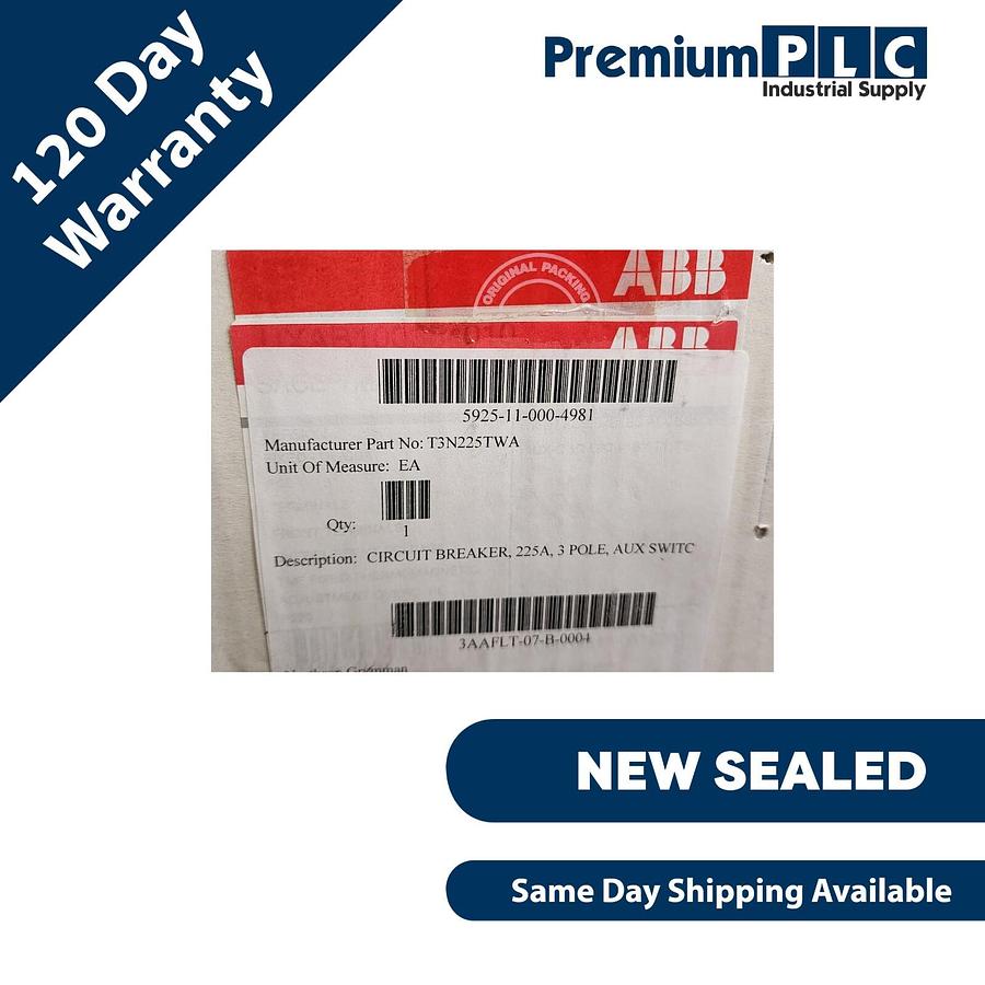 Used NEW ABB T3N225TWA 3 POLE 225A 480VAC TMAX THERMAL MAGNETIC CIRCUIT BREAKER