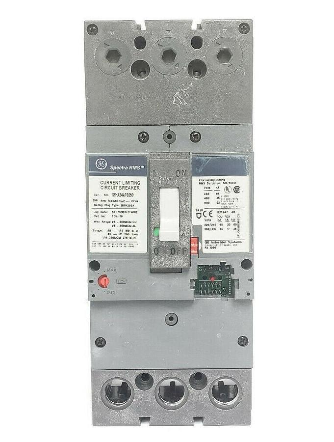 Used GE SFHA24AT0250 SPECTRA RMS CURRENT LIMITING CIRCUIT BREAKER 250AMP 480VAC 2POLE