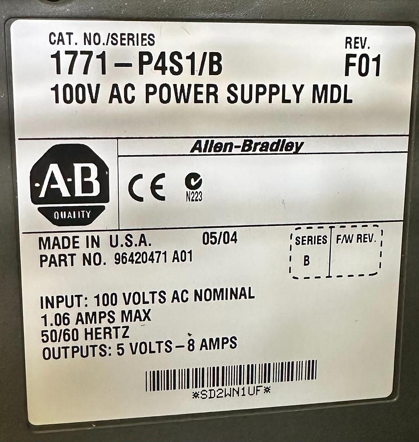 Used ALLEN BRADLEY 1771-A2B /B PLC-5 8-SLOT I/O CHASSIS W/ 1771-P4S1 /B POWER SUPPLY