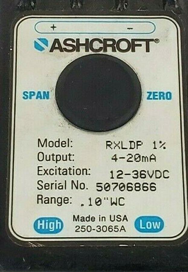 Used ASHCROFT RXLDP 1% PRESSURE TRANSMITTER 4-20mA, 12-36VDC, 0.10"WC RANGE