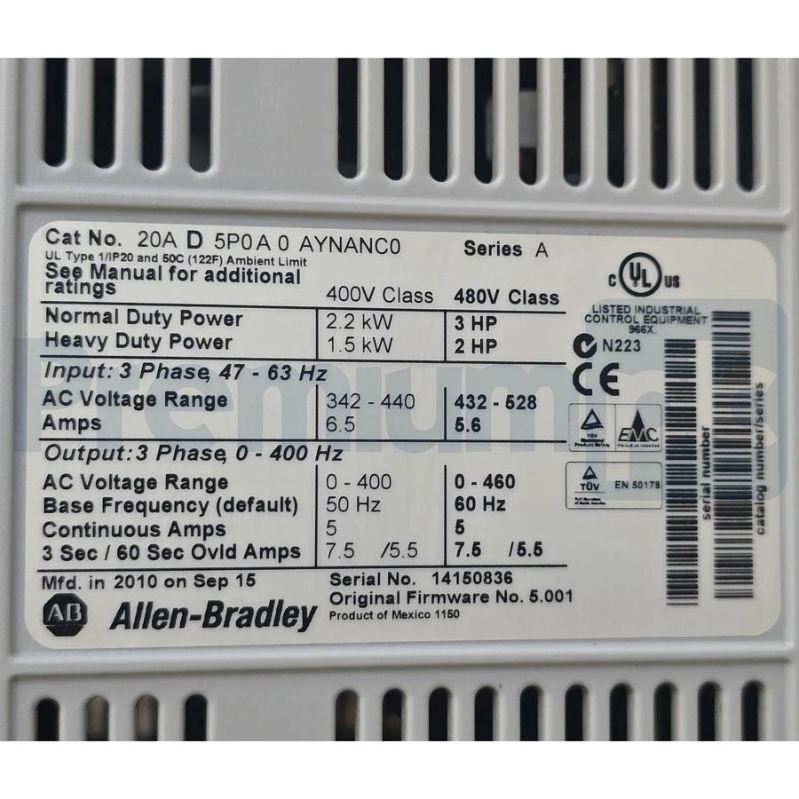 Used Allen-Bradley 20AD5P0A0AYNANC0 /A PowerFlex 70 VFD 3HP 5A 480V 3PH AC Drive USPI