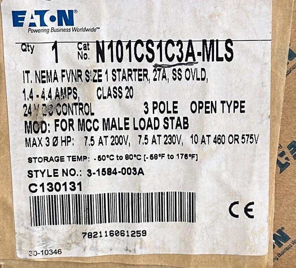 Used NEW EATON N101CS1C3A-MLS / 3-1584-003A NEMA FVNR SIZE 1 STARTER 27A 24VDC 3-POLE