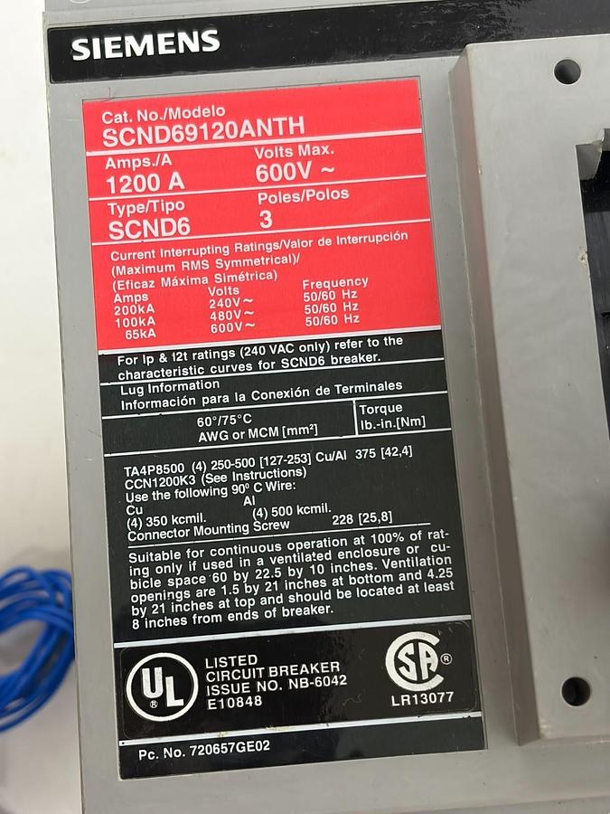 Used Siemens SCND69120ANTH Sentron SCND6 1200A 600V 3 Pole Circuit Breaker LSI