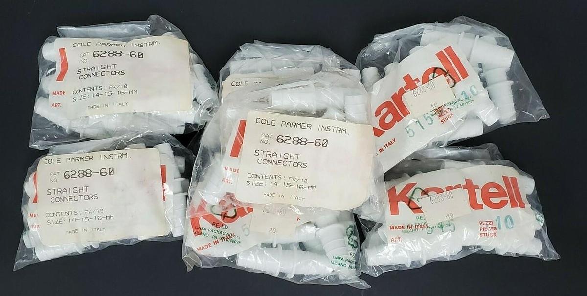 LOT OF 70 NEW COLE PARMER INSTRM. 6288-60 STRAIGHT CONNECTORS SIZE: 14-15-16MM
