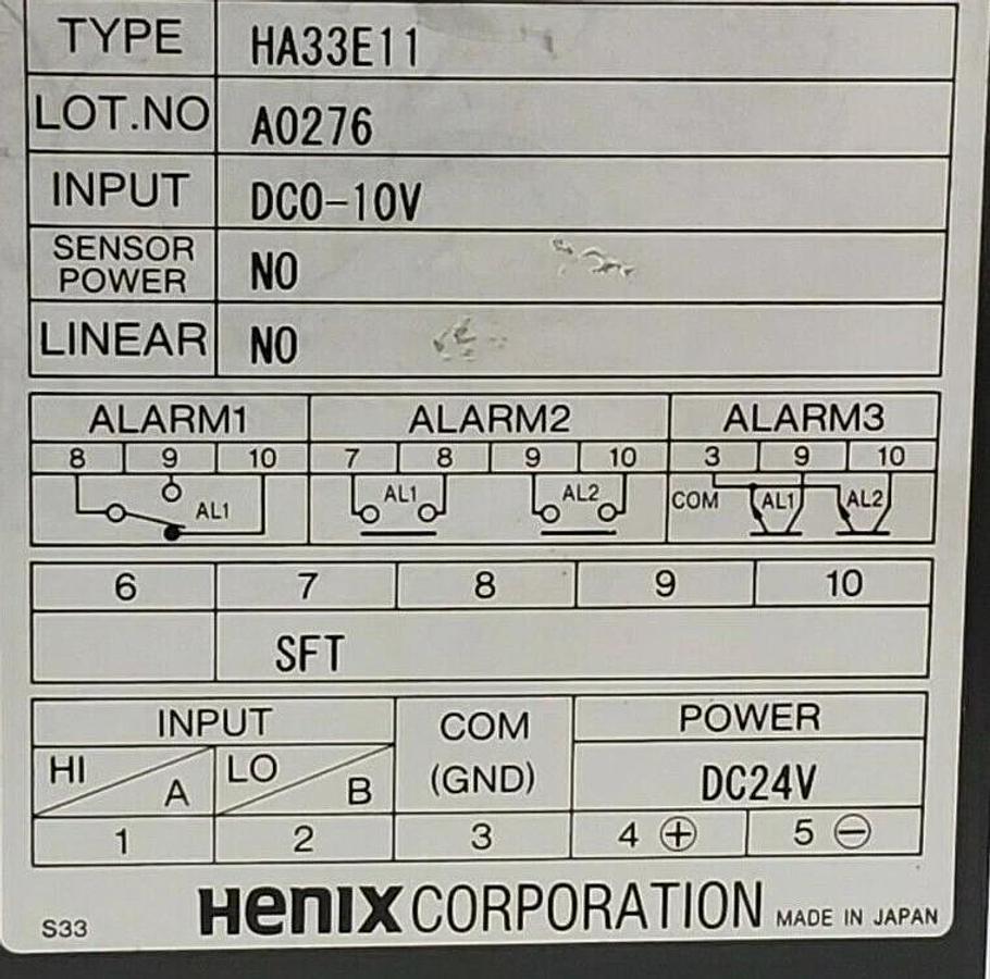Used HENIX CORP. HA33E11 TEMPERATURE CONTROLLER INPUT: DC0-10V