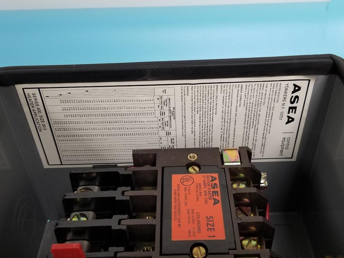 Used NEW ASEA BROWN BOVERI 400A133R STARTER 27A, 600VAC, SIZE 1, NEMA 3R, 120V, 60HZ