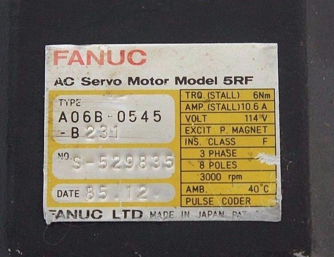 Used FANUC A06B-0545-B231 AC SERVO MOTOR MODEL 5RF, A06B0545B231 W/ A860-0320-T011