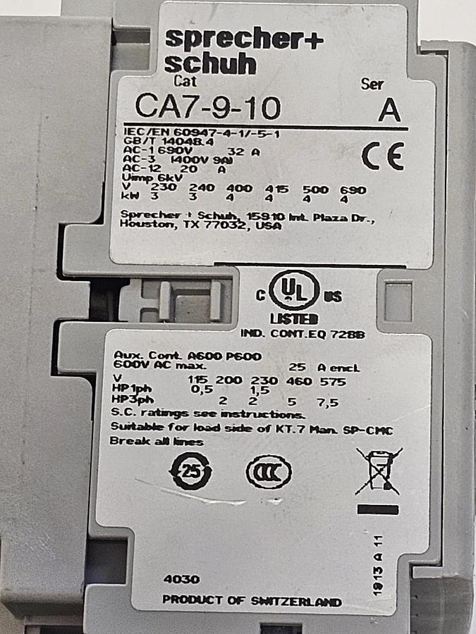 Used SPRECHER+SCHUH CA7-9-10 SER. A CONTACTOR WITH CEP7-EECB SER. B OVERLOAD RELAY
