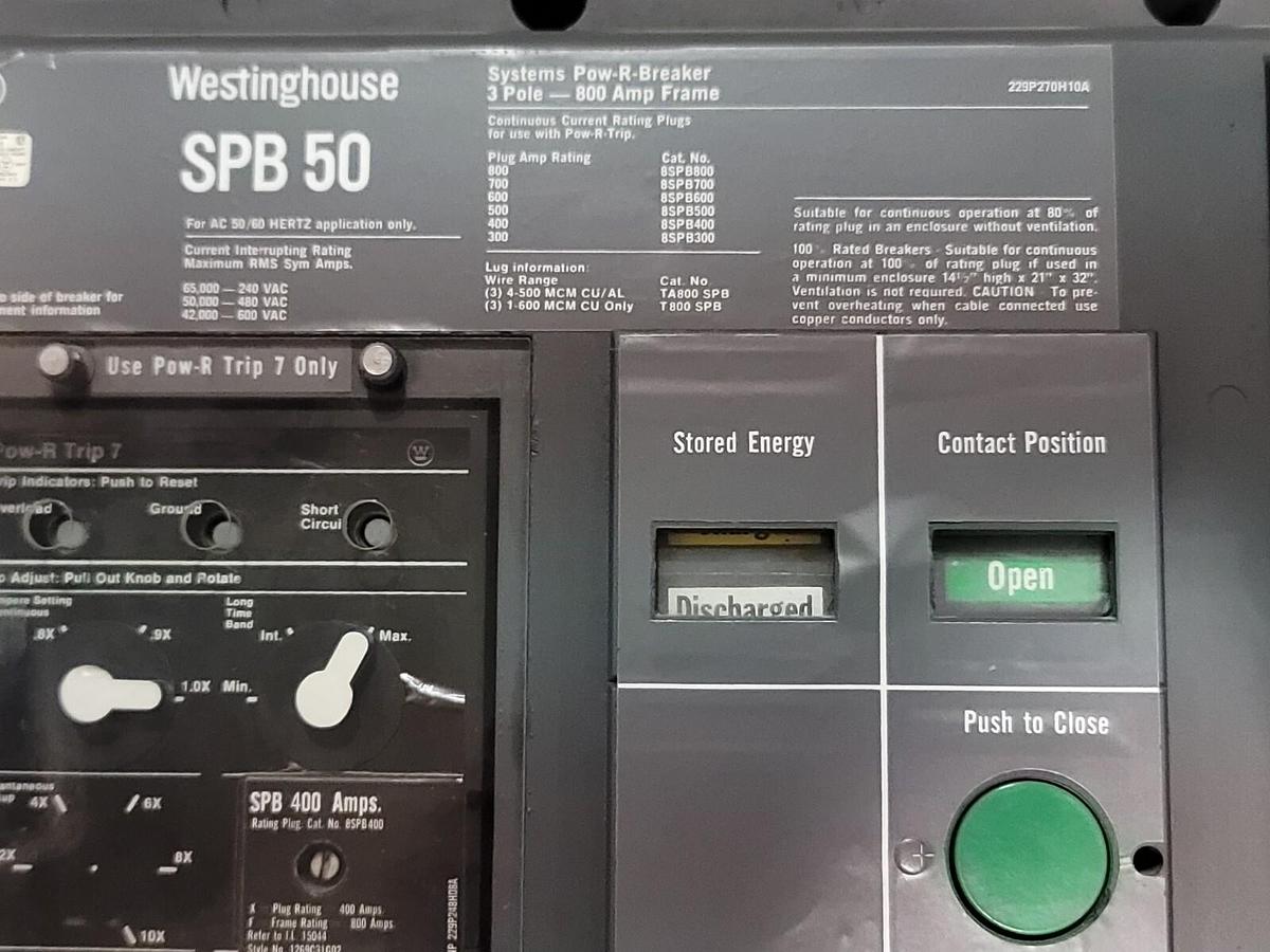 Used WESTINGHOUSE SPB 50 CIRCUIT BREAKER 800A 69-E-8778 SPB50 229P270H10A