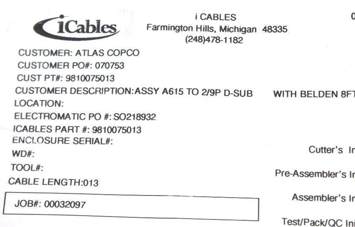 NEW ATLAS COPCO 9810075013 CABLE ASSEMBLY A615 TO 2/9P