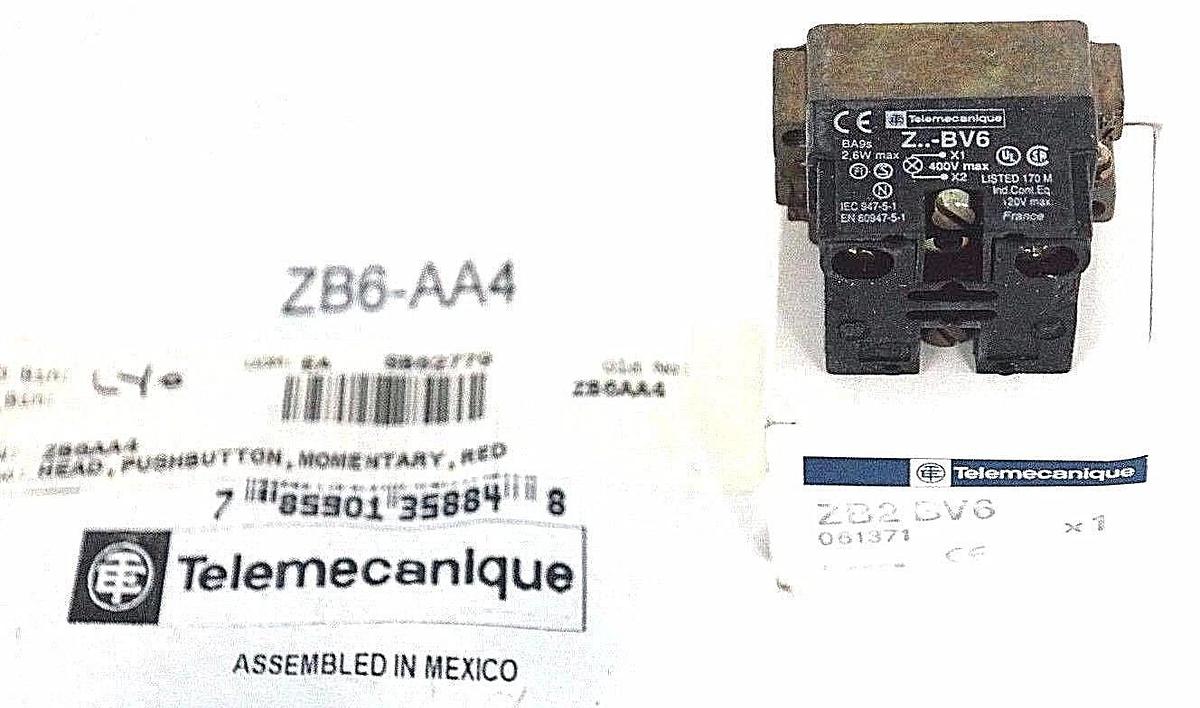 Used NEW TELEMECANIQUE ZB6-AA4 PUSHBUTTON RED & ZB2-BV6 LIGHT MODULE
