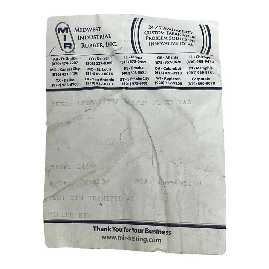 MIR LF831K0750 7-1/2" W x 10 Ft Long Flat Conveyor Belt No Tab New Surplus
