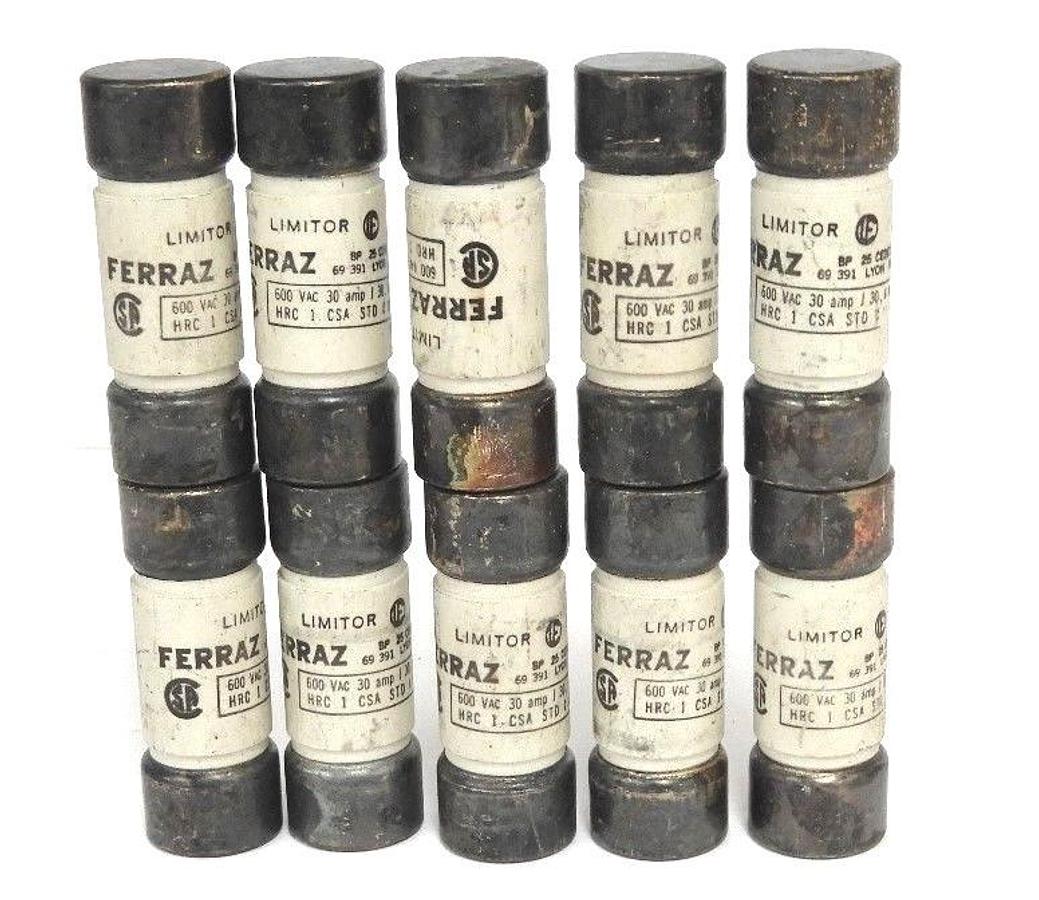 Used LOT OF 10 FERRAZ HRC 1 LIMITOR FUSES 600VAC 30AMP