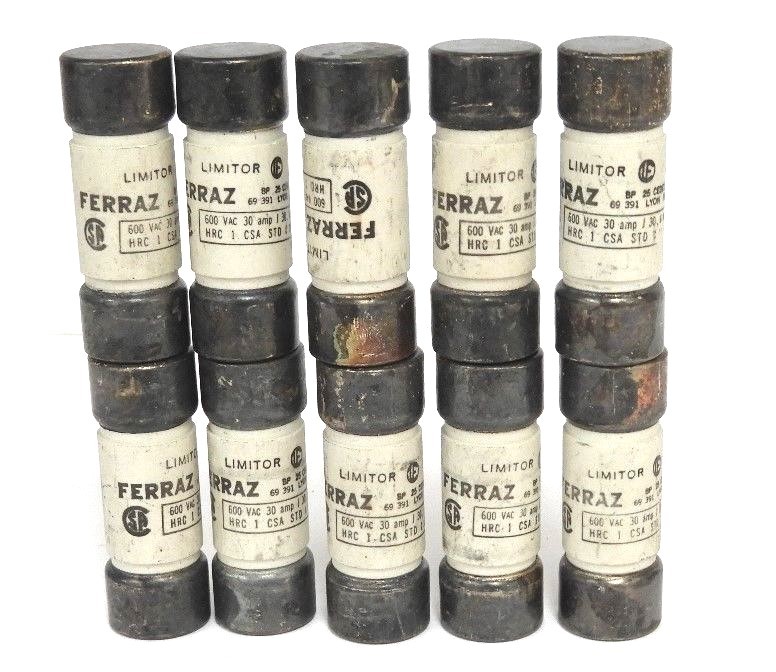 Used LOT OF 10 FERRAZ HRC 1 LIMITOR FUSES 600VAC 30AMP
