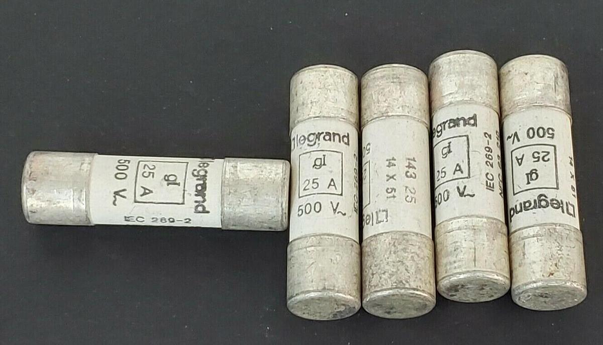 Used LOT OF 5 LEGRAND 14325 CARTRIDGE FUSES 25AMP 500VAC 100KA TYPE:GI 14X53MM
