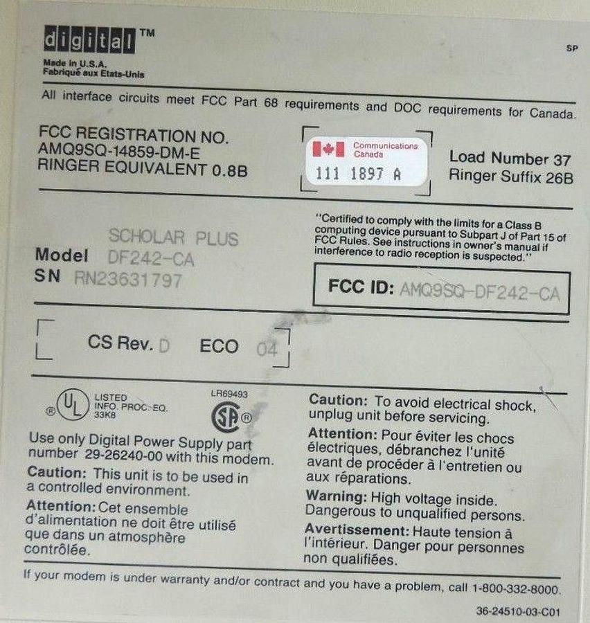 Used DEC DIGITAL EQUIPMENT CORPORATION SCHOLAR PLUS DF242-CA MODEM
