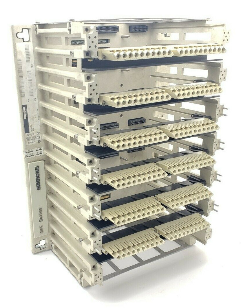 Used MODICON AS-9534-002 984 SERIES 7-SLOT CHASSIS RACK AS-H819-209 W/ WIRING ARMS