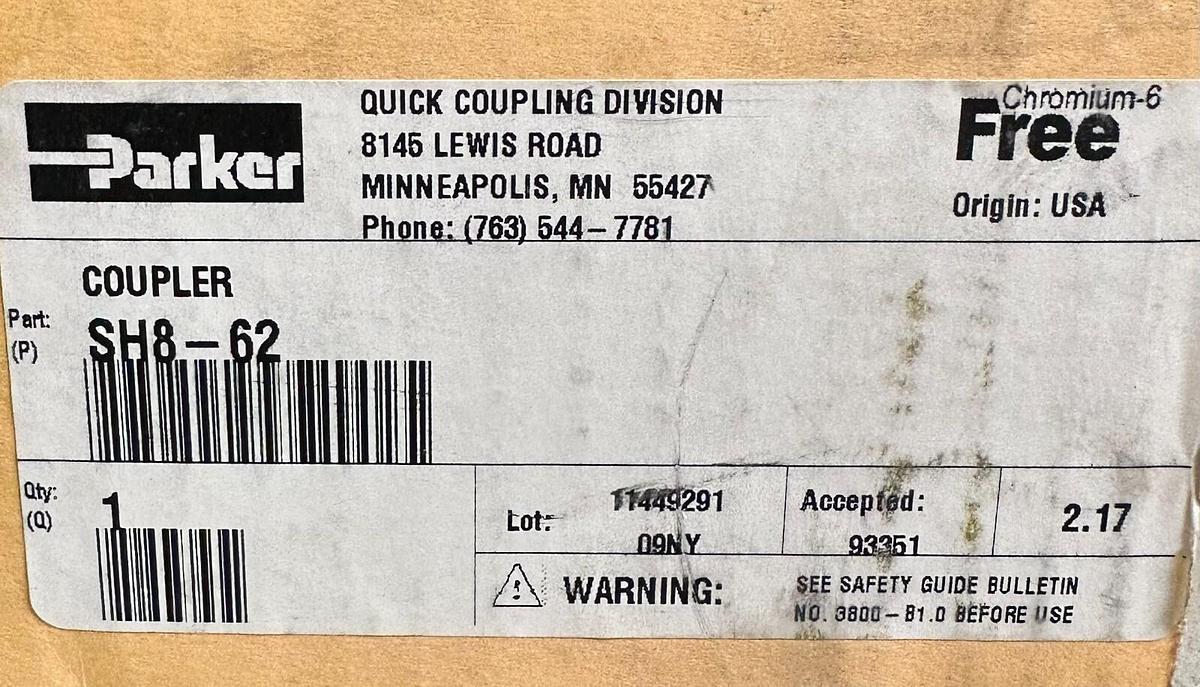 Used NEW PARKER SH8-62 / SH862 HYDRAULIC HOSE COUPLER SERIES 60 50GPM