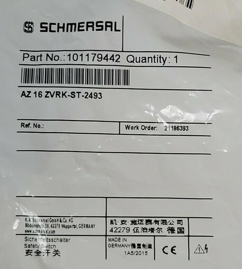 Used NEW SCHMERSAL P/N: 101179442 SAFETY SWITCH AZ16ZVRKST2493, AZ 16 ZVRK-ST-2493