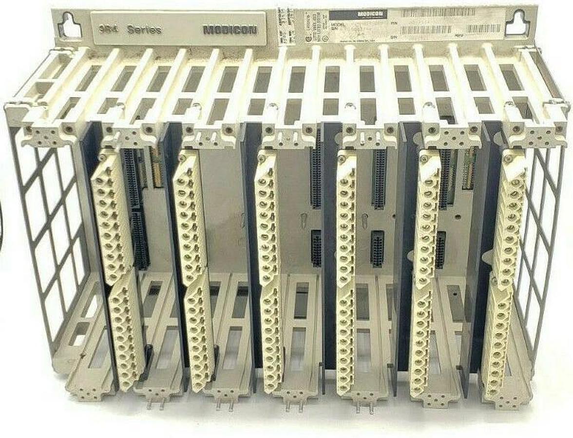 Used MODICON AS-9534-002 984 SERIES 7-SLOT CHASSIS RACK AS-H819-209 W/ WIRING ARMS