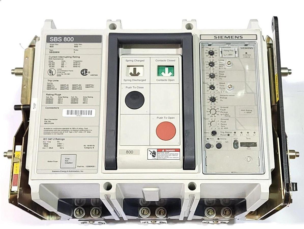 Used SIEMENS SBS0808 DRAWOUT CIRCUIT BREAKER SBS 800 W/ TRIP UNIT AND PLUG 800A 600V