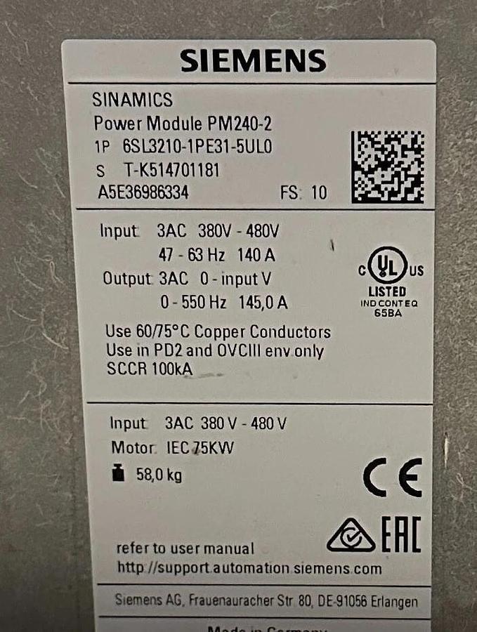 Used SIEMENS 6SL3210-1PE31-5UL0 SINAMICS PM240-2 POWER MODULE 75kW/100HP 380-480VAC