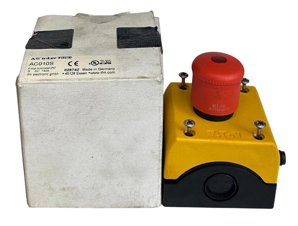 Used IFM AC010S / E-STOP ILLUMINATED IP67 AS-i SAFETY SLAVE PUSH BUTTON 45128 NSMP