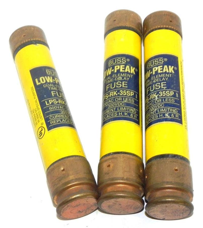 Used LOT OF 3 BUSSMANN LOW-PEAK LPS-RK-35SP DUAL-ELEMENT FUSES 600V 35AMP