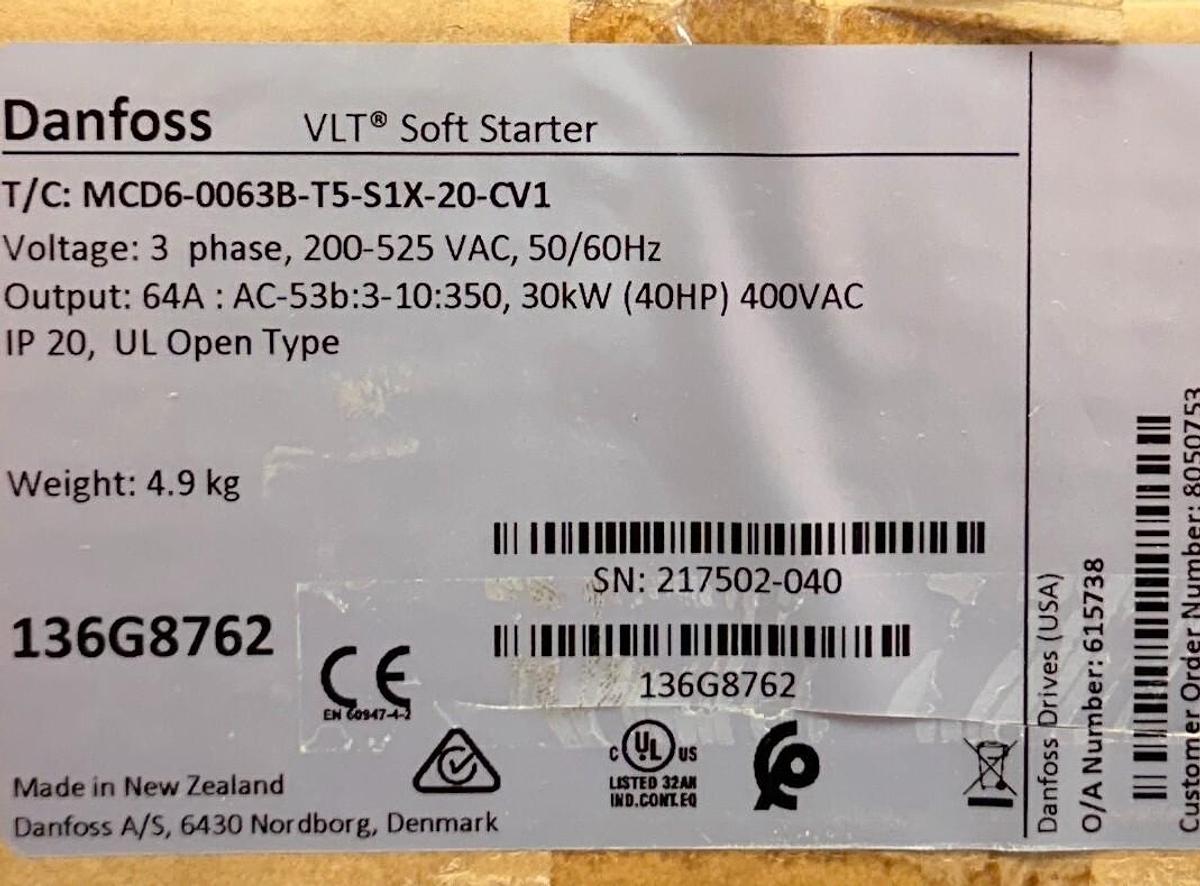 Used DANFOSS MCD6-0063B-T5-S1X-20-CV1 / 136G8762 VLT SOFT STARTER 30kW/40HP 3PH NSMP