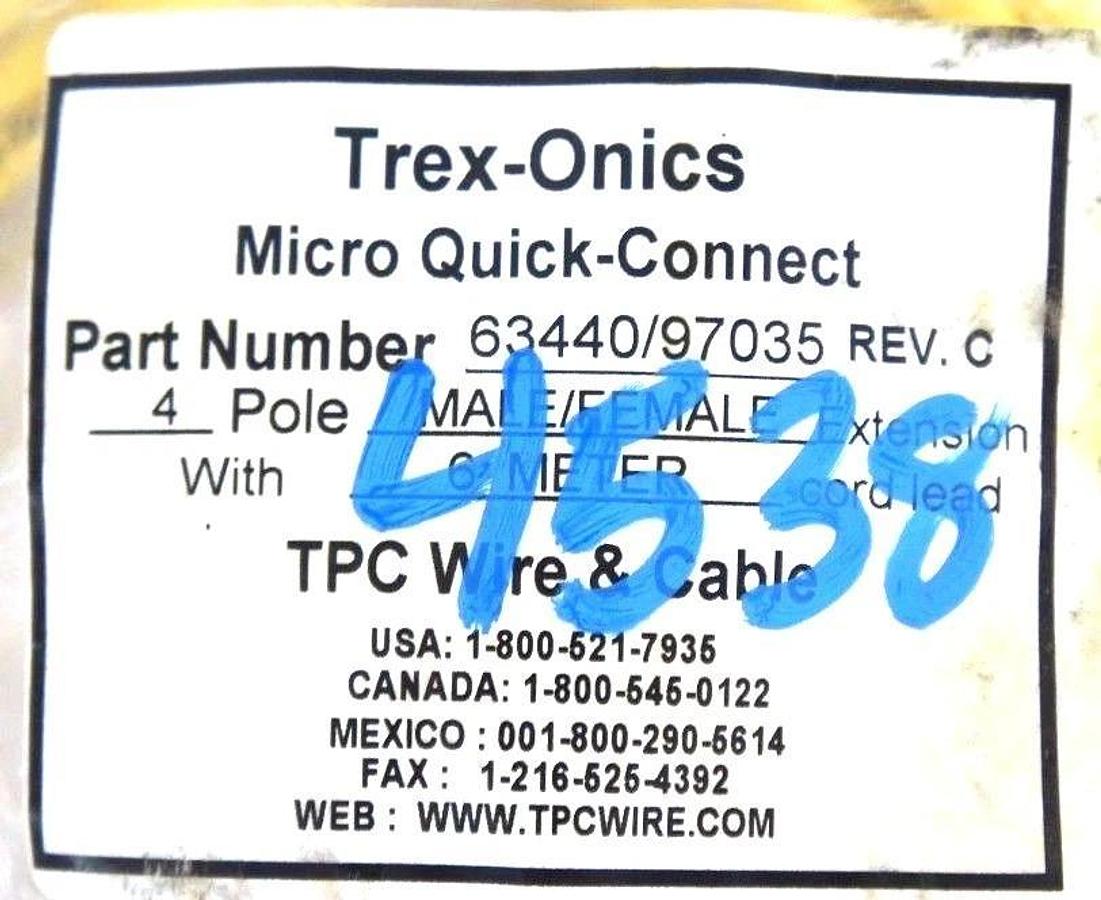 Used NIB TREX-ONICS 63440/97035 MICRO QUICK CONNECT CABLE 4 POLE MALE/FEMALE