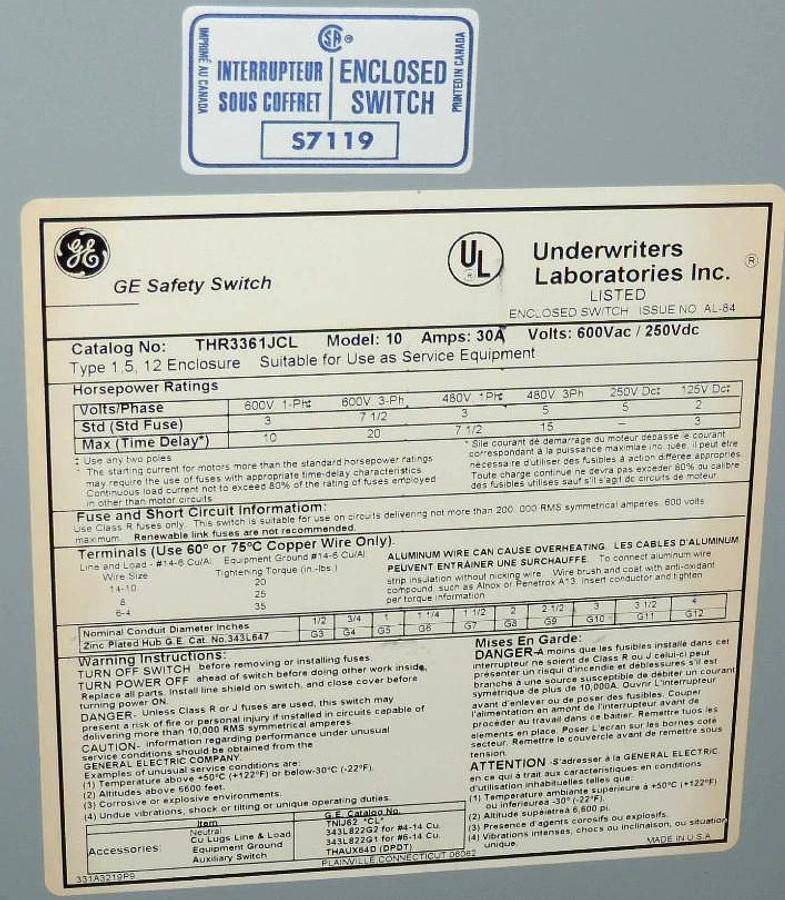 NEW IN BOX GENERAL ELECTRIC THR3361JCL HEAVY DUTY SAFETY SWITCH 600VAC 30A
