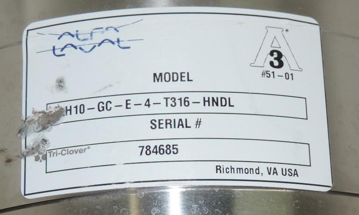 Used NEW ALPHA LAVAL AH10-GC-E-T316-HNDL, 4" 316 STAINLESS STEEL REGULATING VALVE