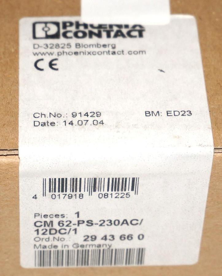FACTORY SEALED PHOENIX CONTACT CM 62-PS-230AC/12DC/1 POWER SUPPLY 2943660